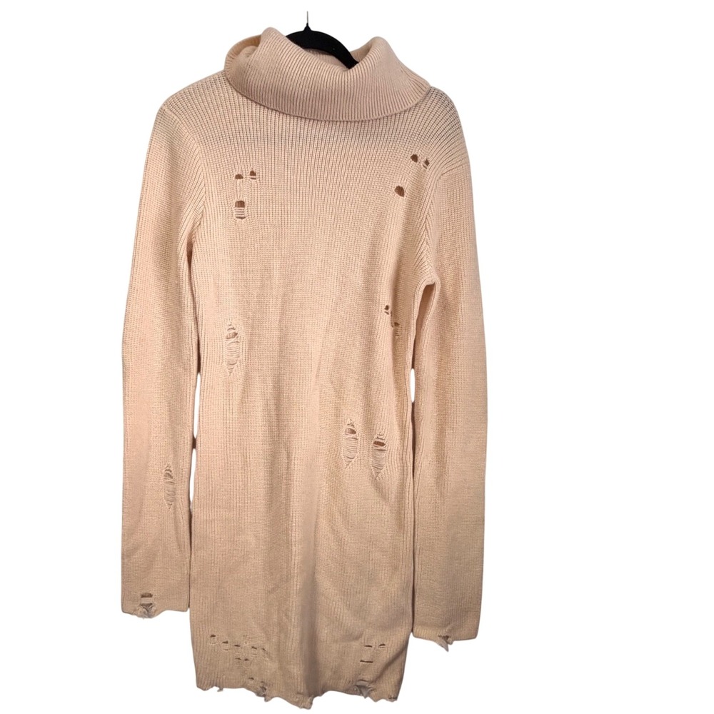 Lovers + Friends Distressed Turtleneck Sweater Dress Cream Wool Blend L Grunge